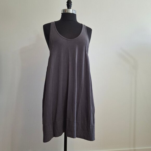 Babydoll Racerback Knit Mini Dress Size M Dusty Blue Grey Gathered Stretch - Picture 1 of 14